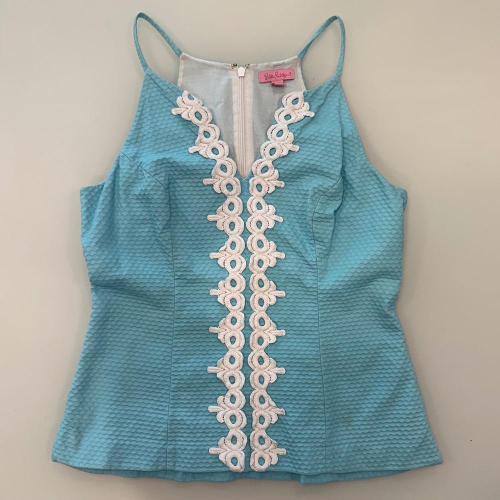 Lilly Pulitzer Annabelle Halter Top Womens Size 8 Tiffany Blue White Embroidered